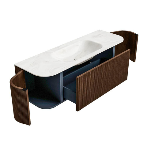 MONDIAZ KURVE-DLUX Meuble de salle de bains 140 cm avec module 25 Len R couleur Walnut avec 1 tiroir et 2 portes. Lavabo BIG SMALL central sans trou de robinet couleur Ostra. SW1137830
