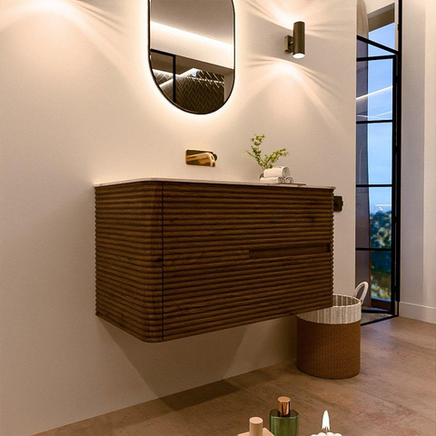 Mondiaz CIRO-DLUX Badkamermeubelset - 90x45x50cm - Solid surface wastafel Nata - 1 wasbak Midden - zonder kraangaten - 2 lades - Dusk SW1533204