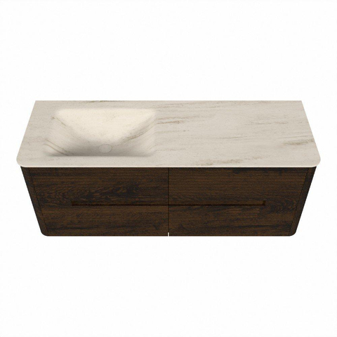 Mondiaz CIRO-DLUX Ensemble de meubles de salle de bains - 130x45x50cm - Plan vasque solid surface Meli - 1 bassin à gauche - 1 trou de robinet - 4 tiroirs - Noyer SW1530481