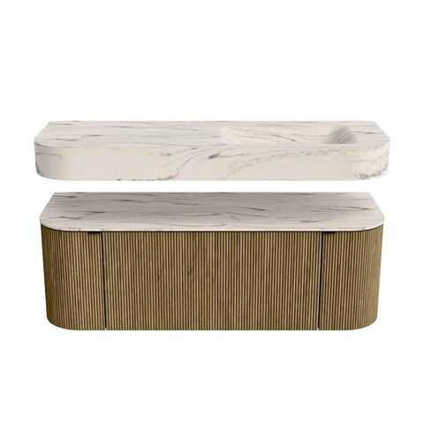 MONDIAZ THOR-DLUX 130cm meuble de salle de bains arrondi gauche + droite couleur Dusk avec 1 tiroir et 2 portes. Vasque suspendue CLOUD droite sans trou de robinet couleur Nata. SW1463868