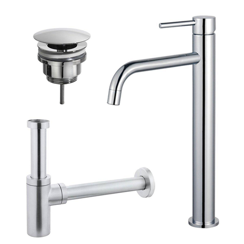 Fortifura Calvi Slim Wastafelkraanset - verhoogde wastafelkraan - always open plug - design - sifon - hoogglans chroom SW911738