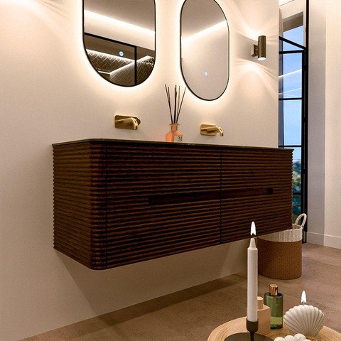 Mondiaz CIRO-DLUX Ensemble de meubles de salle de bains - 140x45x50cm - Plan-vasque solid surface Lava - 2 vasques double - sans trous de robinet - 4 tiroirs - Noyer SW1530178