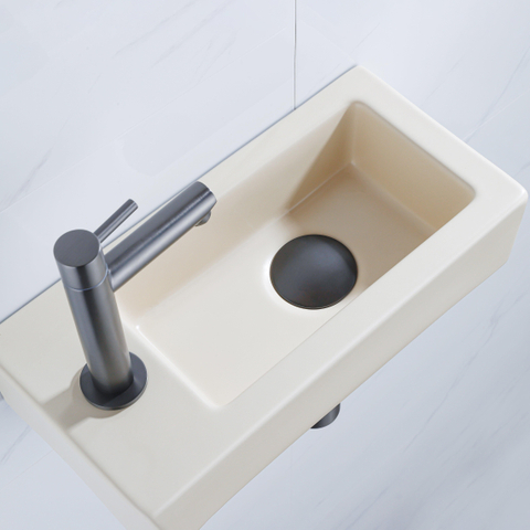 QeramiQ Fuente pack lave-mains – 37,5 x 18,5 x 9 cm – céramique beige – perçage à gauche – robinet gunmetal brossé SW1232766