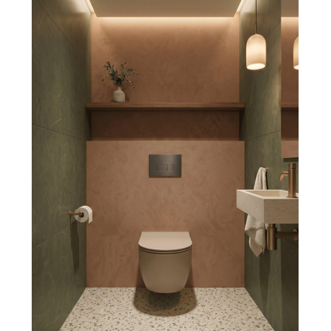 QeramiQ Dely Toiletset - 36.3x51.7cm - diepspoel - rimless - Geberit UP320 inbouwreservoir - softclose toilet zitting - gunmetal bedieningsplaat - rechthoekige knoppen - mat beige SW1242412