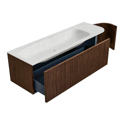 MONDIAZ KURVE-DLUX Meuble de salle de bains 145 cm avec module 25 R couleur Walnut avec 1 tiroir et 1 porte. Lavabo BIG LARGE gauche 1 trou de robinet couleur Opalo. SW1137652
