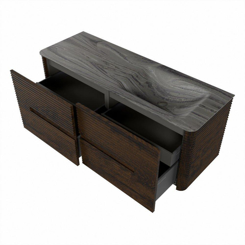Mondiaz CIRO-DLUX Ensemble de meubles de salle de bains - 130x45x50cm - Plan-vasque en solid surface Sombra - 1 lavabo à droite - sans trous de robinetterie - 4 tiroirs - Noyer SW1530807