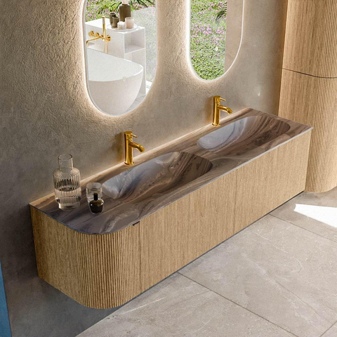 MONDIAZ KURVE-DLUX meuble de salle de bains 165cm arrondi à gauche couleur chêne avec 2 tiroirs et 1 porte. Lavabo STOR SMALL Double / Droite 2 trous de robinet Sombra. SW1433609