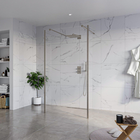 Fortifura Galeria Vrijstaande Inloopdouche - 110x200cm - helder - antikalk - 8mm veiligheidsglas - 2 zijwanden - 30cm - wandsteunen en hoekprofielen - PVD - geborsteld gunmetal (antraciet) SW992956