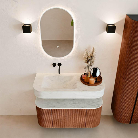 MONDIAZ THOR-DLUX 100cm meuble de salle de bains arrondi gauche + droite couleur Ruby avec 1 tiroir et 2 portes. Vasque suspendue CLOUD Gauche sans trou de robinet couleur Opalo. SW1467428