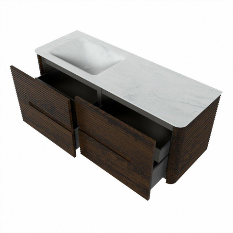 Mondiaz CIRO-DLUX Ensemble de meubles de salle de bains - 130x45x50cm - lavabo solid surface Opalo - 1 vasque à gauche - 1 trou de robinet - 4 tiroirs - Noyer SW1530503