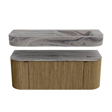 MONDIAZ THOR-DLUX 120cm meuble de salle de bains arrondi gauche + droite couleur Dusk avec 1 tiroir et 2 portes. Vasque suspendue CLOUD Droite sans trou de robinet couleur Sombra. SW1463704