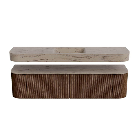 MONDIAZ THOR-DLUX 180cm meuble de salle de bains arrondi gauche + droite couleur Walnut avec 2 tiroirs et 2 portes. Vasque suspendue CLOUD Milieu sans trou de robinet couleur Arena. SW1466145