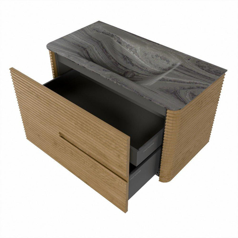 Mondiaz CIRO-DLUX Meuble de salle de bains - 90x45x50cm - Plan vasque solid surface Sombra - 1 vasque au milieu - sans trous de robinet - 2 tiroirs - Chêne SW1531330
