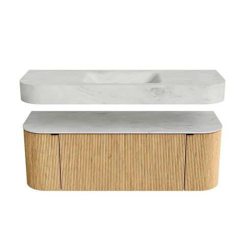 MONDIAZ THOR-DLUX 130cm meuble de salle de bains arrondi gauche + droite couleur Oak avec 1 tiroir et 2 portes. Vasque suspendue CLOUD Centre sans trou de robinet couleur Opalo. SW1463539