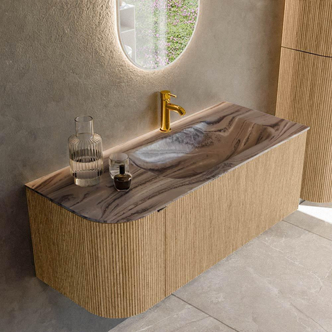 MONDIAZ KURVE-DLUX 115cm badmeubel ronding Links kleur Oak met 1 lade en 1 deur. Wastafel BIG SMALL Rechts 1 kraangat Sombra. SW1433560