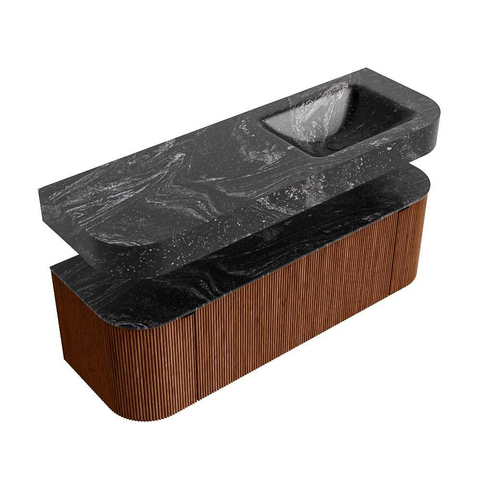 MONDIAZ THOR-DLUX 140cm meuble de salle de bains arrondi gauche + droite couleur Ruby avec 1 tiroir et 2 portes. Vasque suspendue CLOUD Droite sans trou de robinet couleur Lava. SW1464139