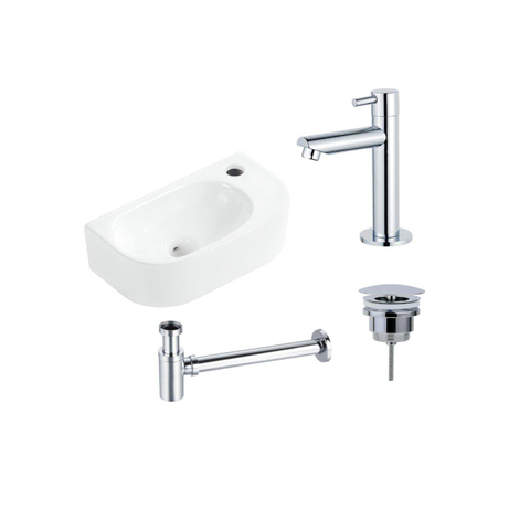 Fugaflow Efficiente Pietra Ensemble lave-mains - 40x21.5x12cm - droite - lisse - demi-rond - 1 trou de robinet - céramique - robinet de lavabo chrome - bonde - siphon abaissé - blanc mat SW1442357