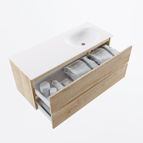 MONDIAZ VICA meuble sous lavabo 120cm Chêne blanchi 2 tiroirs. Lavabo MOON droite 1 trou de robinet, couleur Talc. SW1381935