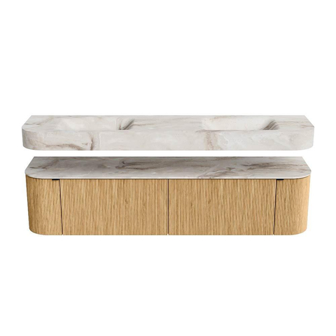 MONDIAZ THOR-DLUX Meuble de salle de bains - 190cm - arrondi gauche + droite - couleur Oak - 2 tiroirs et 2 portes - Lavabo suspendu CLOUD Double sans trou de robinet - couleur Frappe SW1466371