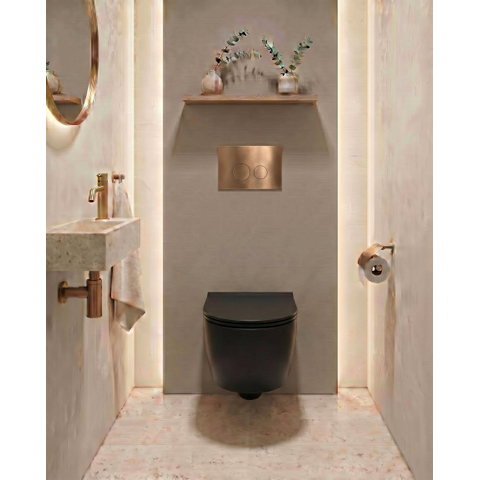 QeramiQ Dely Swirl Ensemble WC - 36.3x51.7cm - Réservoir encastré Geberit UP320 - abattant fin - Plaque de commande en cuivre - Boutons ronds - Noir mat SW1130196