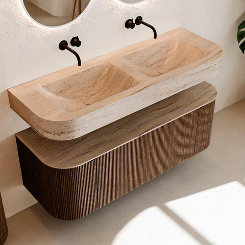 MONDIAZ THOR-DLUX 130cm badmeubel ronding links + rechts kleur Walnut met 1 lade en 2 deuren. Vrijhangende wastafel CLOUD Dubbel zonder kraangat kleur Saba. SW1464040