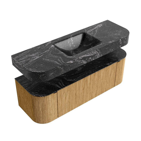 MONDIAZ THOR-DLUX 140cm meuble de salle de bains arrondi gauche + droite couleur Oak avec 1 tiroir et 2 portes. Vasque suspendue CLOUD Milieu 1 trou de robinet couleur Lava. SW1463941