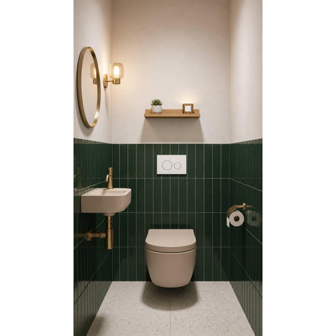 QeramiQ Dely Ensemble de WC - 36.3x51.7cm - évacuation profonde - sans rebord - réservoir encastré Geberit UP320 - abattant de WC softclose 35 mm - plaque de commande blanche mate - boutons ronds - beige mat SW1236519