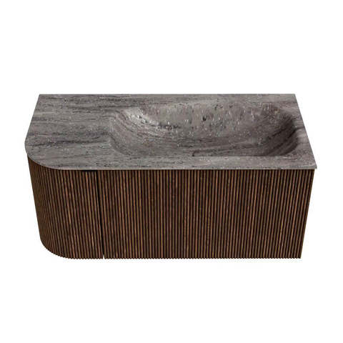 MONDIAZ KURVE-DLUX Meuble de salle de bains 95cm arrondi à gauche couleur Walnut avec 1 tiroir et 1 porte. Lavabo BIG SMALL à droite sans trou de robinet Oza. SW1432707