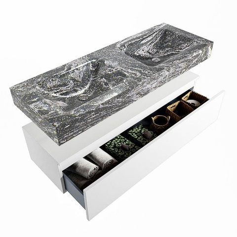 Mondiaz ALAN-DLUX Ensemble de meuble - 130cm - meuble Talc mat - 1 tiroir - Lavabo Cloud Lava suspendu - vasque gauche et droite - 0 trous de robinet SW807984