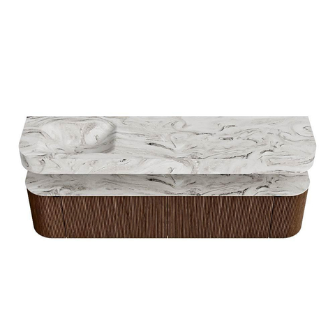 MONDIAZ THOR-DLUX Meuble de salle de bains 190cm arrondi gauche + droite couleur Walnut avec 2 tiroirs et 2 portes. Vasque suspendue CLOUD Gauche 1 trou de robinet couleur Glace. SW1466417
