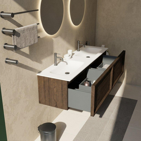Saniclass Holz Frame Badkamermeubelset - 160x45x41.5cm - Flow solid surface wastafel wit - 2 wasbakken - 2 kraangaten - 2 lades - mat eiken charcoal (hout) SW1478455