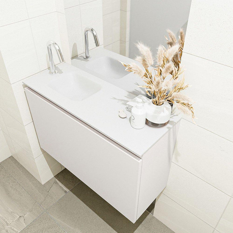 MONDIAZ OLAN Toiletmeubel 80x30x40cm met 1 kraangaten 1 lades linen mat Wastafel Lex links Solid Surface Wit SW473416