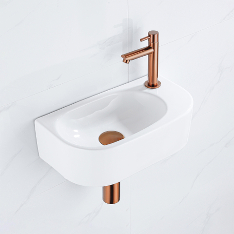 QeramiQ Fuente pack lave-mains – 40 x 21,5 x 12 cm – céramique blanc brillant – perçage à droite – robinet cuivre brossé SW1232834