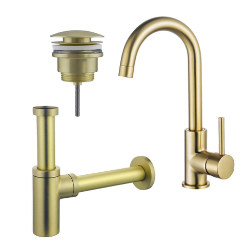 Fortifura Calvi Wastafelkraanset - hoge wastafelkraan - draaibare - uitloop - klikwaste plug - design - sifon - PVD - geborsteld messing (goud) SW915281