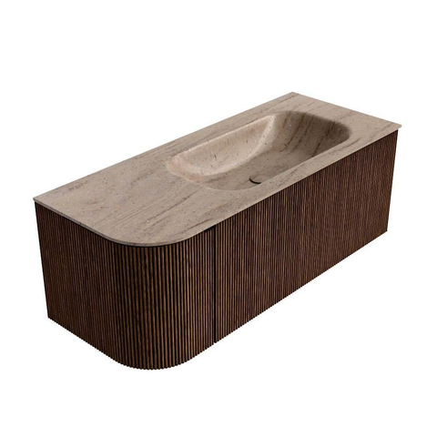 MONDIAZ KURVE-DLUX 115cm badmeubel ronding Links kleur Walnut met 1 lade en 1 deur. Wastafel BIG SMALL Rechts zonder kraangat Saba. SW1433159