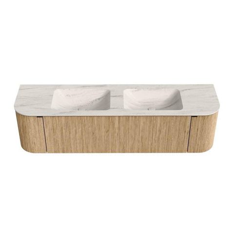 MONDIAZ KURVE-DLUX 170cm meuble de salle de bains arrondi Gauche + Droite couleur Oak avec 1 tiroir et 2 portes. Lavabo LEAF Double 2 trous de robinet Meli. SW1431629