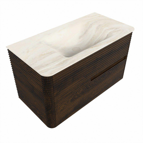 Mondiaz CIRO-DLUX Badkamermeubelset - 90x45x50cm - Solid surface wastafel Ostra - 1 wasbak Midden - 1 kraangat - 2 lades - Walnut SW1530375