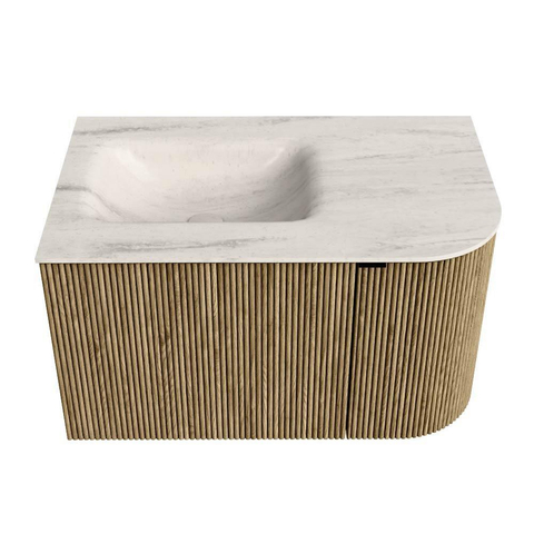 MONDIAZ KURVE-DLUX Meuble de salle de bains 75cm arrondi à droite couleur Dusk avec 1 tiroir et 1 porte. Lavabo GRUNNE à gauche 1 trou de robinet Meli. SW1431865