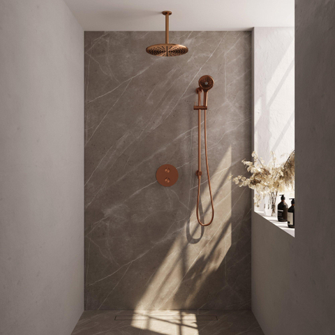 BRAUER Copper Carving douche de pluie encastrée thermostatique - 3 voies - ronde - set 96 - pomme de douche 30cm - bras de plafond - douchette 3 jets - flexible de douche - barre de douche intégrée - cuivre brossé PVD SW1159122