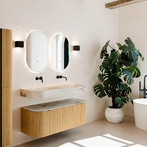 MONDIAZ THOR-DLUX Meuble de salle de bains 120cm arrondi gauche + droite couleur Oak avec 1 tiroir et 2 portes. Vasque suspendue CLOUD Double sans trou de robinet couleur Frappe. SW1463075