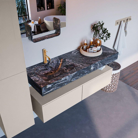 Mondiaz ALAN-DLUX Ensemble de meuble - 130cm - meuble Linen mat - 2 tiroirs - Lavabo Cloud Lava suspendu - vasque Gauche - 1 trou de robinet SW808159