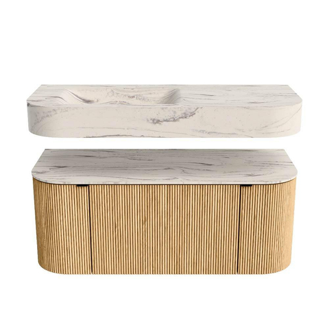 MONDIAZ THOR-DLUX 110cm badmeubel ronding links + rechts kleur Oak met 1 lade en 2 deuren. Vrijhangende wastafel CLOUD Links 1 kraangat kleur Nata. SW1462934