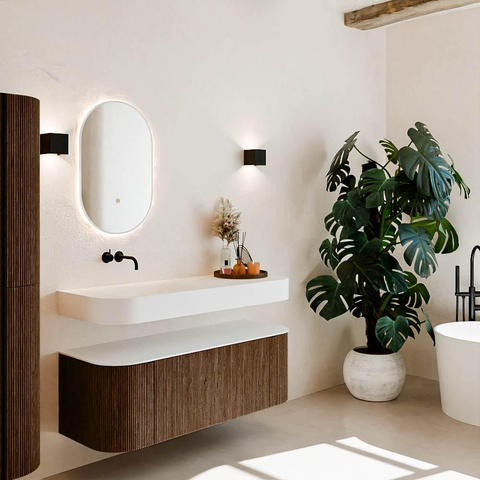 MONDIAZ THOR 130cm meuble de salle de bains arrondi gauche + droite couleur Walnut avec 1 tiroir et 2 portes. Vasque suspendue CLOUD Gauche sans trou de robinet couleur Talc. SW1463553