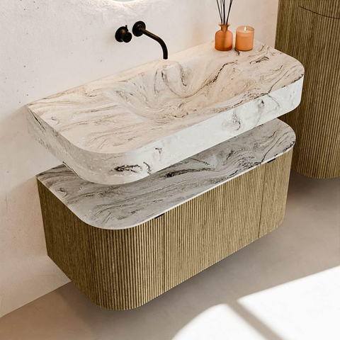 MONDIAZ THOR-DLUX 100cm meuble de salle de bains arrondi gauche + droite couleur Dusk avec 1 tiroir et 2 portes. Vasque suspendue CLOUD Milieu sans trou de robinet couleur Glace. SW1467400