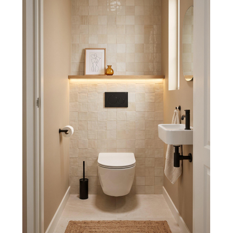 Pack WC QeramiQ Dely Swirl Compact - réservoir encastrable Geberit UP320 - avec bâti-support Burda - abattant 25 mm - plaque de commande en métal noir mat - boutons ronds - blanc brillant SW1592321