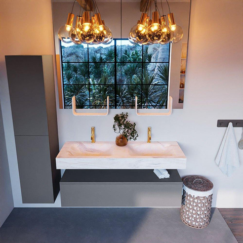 Mondiaz ALAN-DLUX Ensemble de meuble - 130cm - meuble Plata mat - 1 tiroir - Lavabo Cloud Ostra suspendu - vasque gauche et droite - 2 trous de robinet SW807938