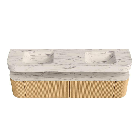 MONDIAZ THOR-DLUX 200cm meuble de salle de bains arrondi gauche + droite couleur Oak avec 2 tiroirs et 2 portes. Vasque suspendue CLOUD Double 2 trous de robinet couleur Nata. SW1467143