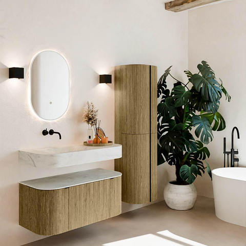 MONDIAZ THOR-DLUX 100cm meuble de salle de bains arrondi gauche + droite couleur Dusk avec 1 tiroir et 2 portes. Vasque suspendue CLOUD Gauche sans trou de robinet couleur Opalo. SW1467350