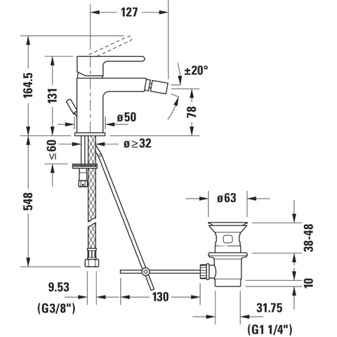 Duravit B.2 1 greeps bidetmengkraan - 148x42x131mm - hoogglans chroom SW157848