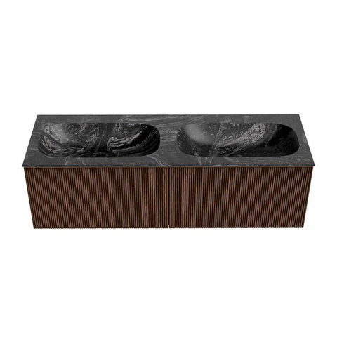 MONDIAZ KURVE-DLUX meuble de salle de bains 140cm couleur Walnut avec 2 tiroirs. Lavabo STOR SMALL double 2 trous de robinet couleur Lava. SW1137310